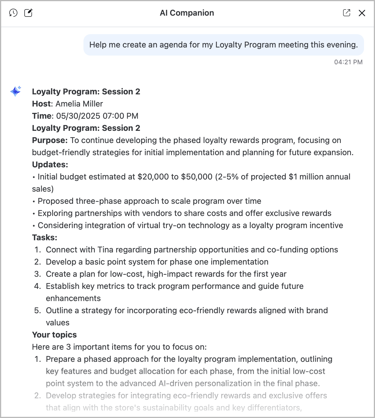 Image illustrating AI Companion generating a meeting agenda.
