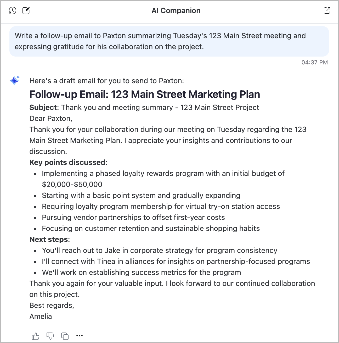 An image demonstrating AI Companion writing an email, using the meeting's transcript as reference.