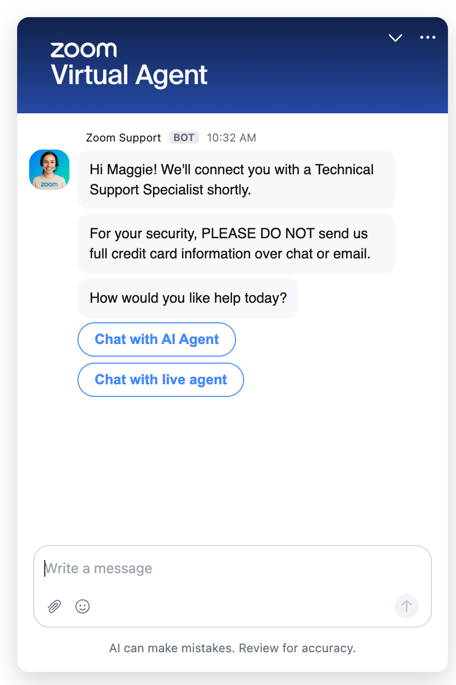 This image shows a chat window with a blue gradient header that says Zoom Virtual Agent. The image fills the header space.