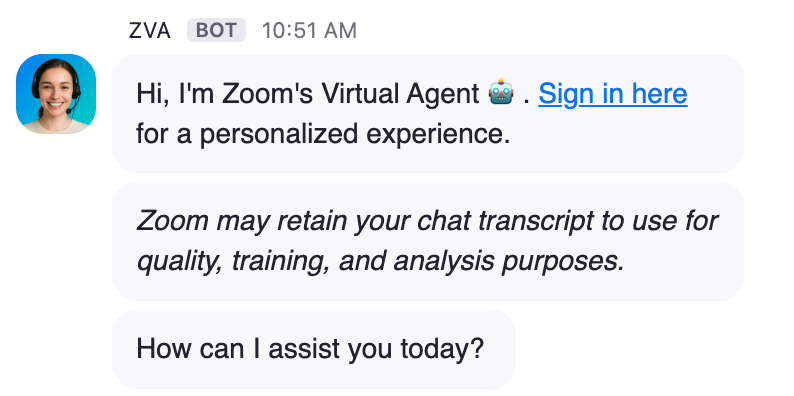 Image of the Zoom Virtual Agent avatar, including a picture of a woman with dark hair and a headset.