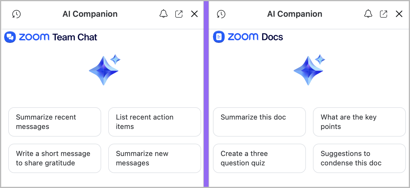 Image illustrating how AI Companion Panel's Hero Prompts change based on in-app context.