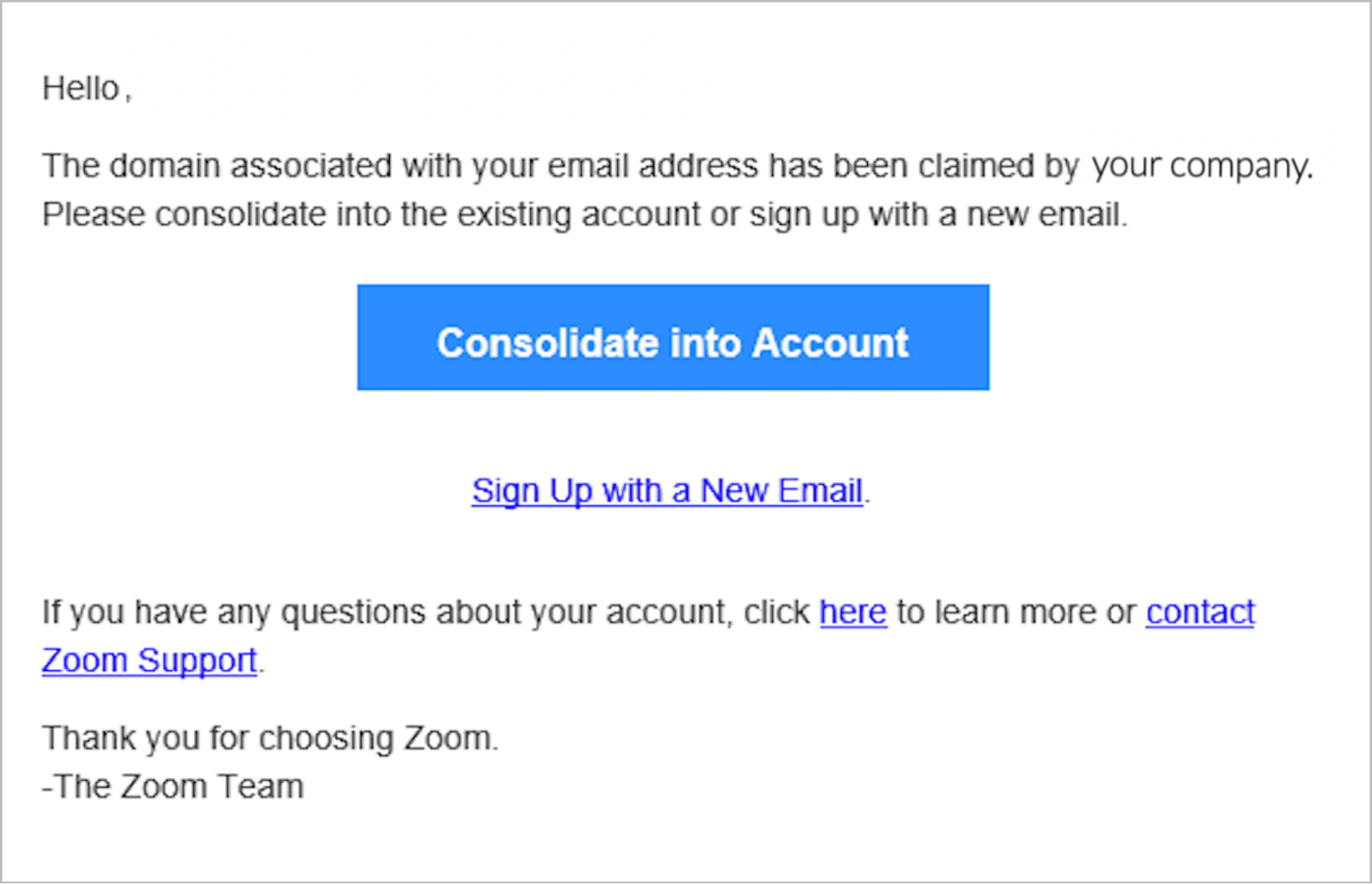 Screenshot of an email informing a user their domain has been claimed by their company and they are encouraged to join the account or change their email.
